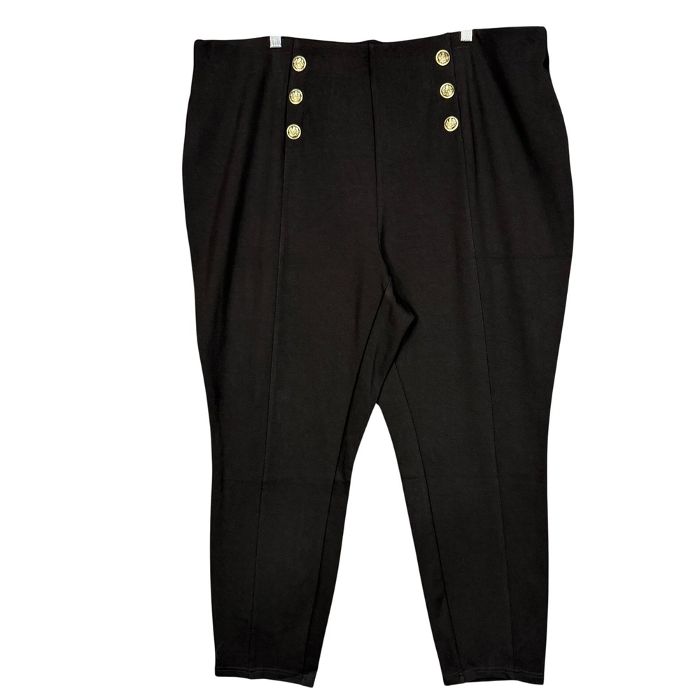 T Tahari Womens Pants 3X Black Sailor High Rise Gold Button Pull On Ponte Knit